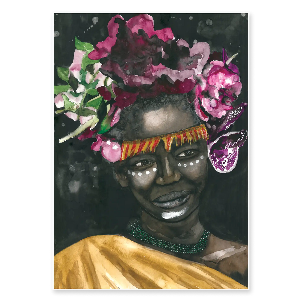 Artistic depiction of a person with a floral headpiece and gold garment against a dark background