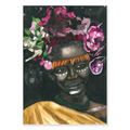 Artistic depiction of a person with a floral headpiece and gold garment against a dark background