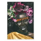 Artistic depiction of a person with a floral headpiece and gold garment against a dark background