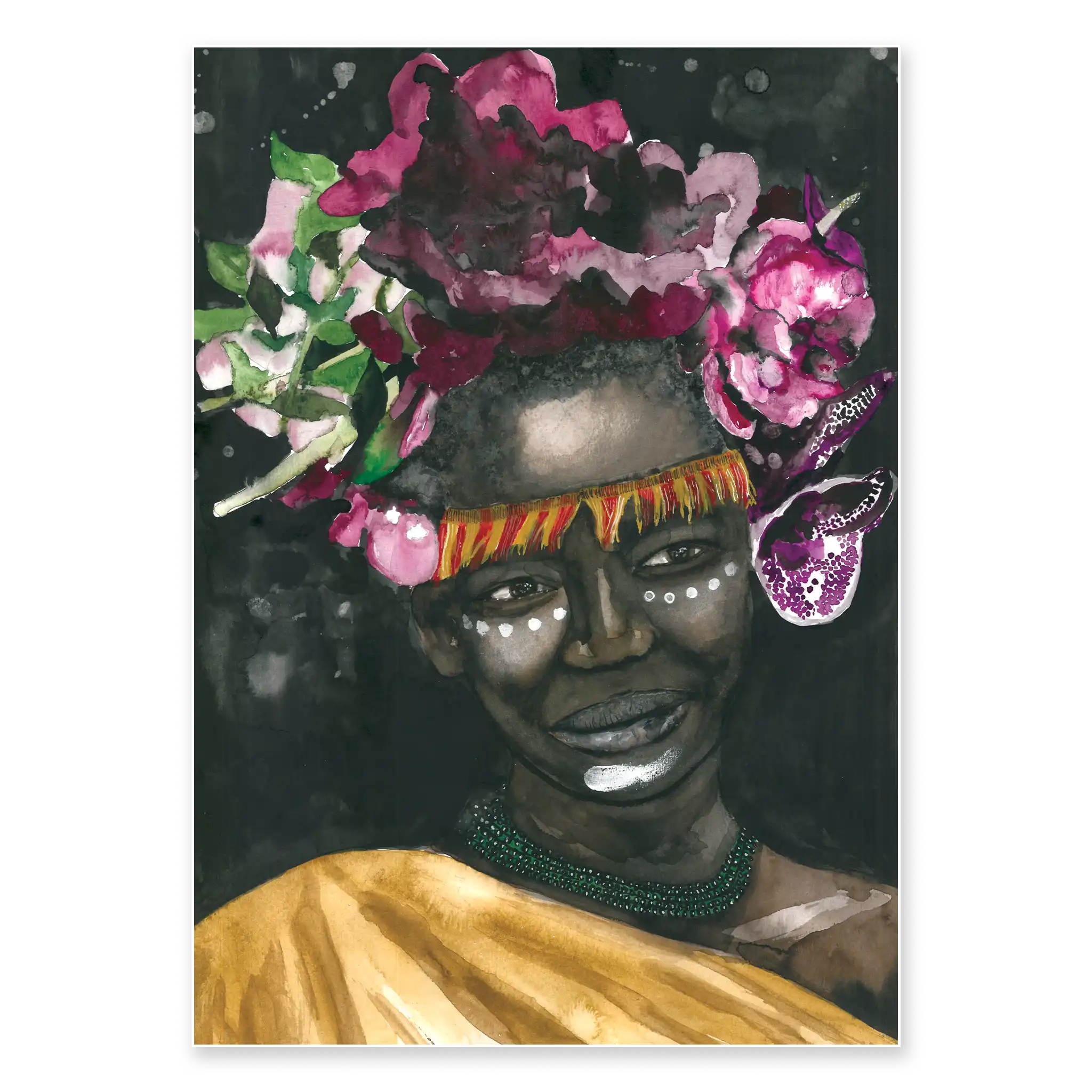 Artistic depiction of a person with a floral headpiece and gold garment against a dark background