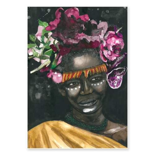 Artistic depiction of a person with a floral headpiece and gold garment against a dark background