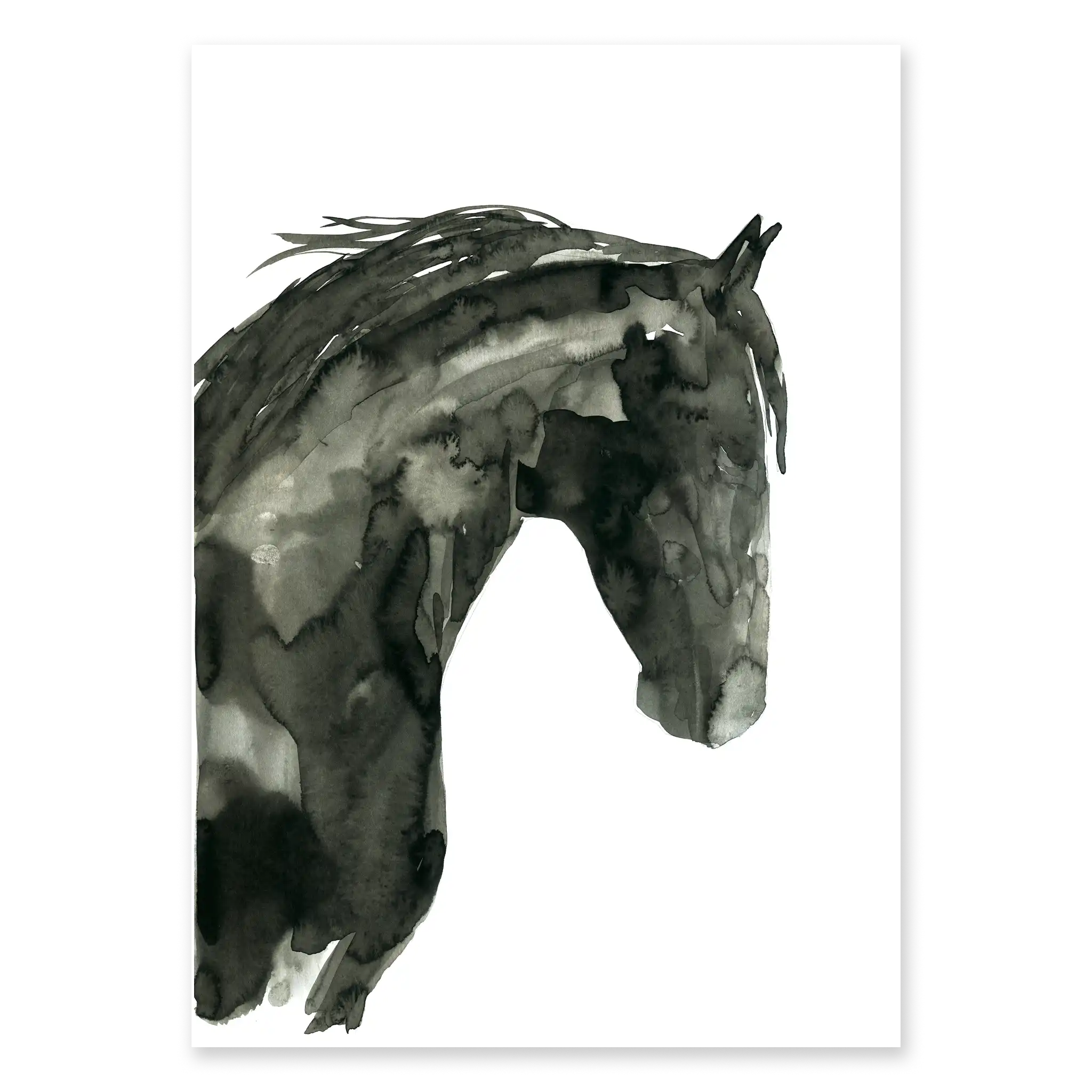 Artistic black and white depiction of a horse's head on a white background